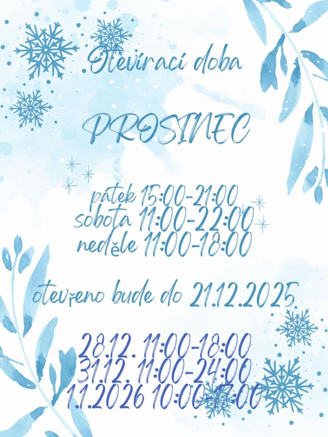 ❄️ prosincová otevírací doba, otevřeno bude kaźdý pátek až neděle do 21.12., poté se na vás budeme těšit 28.12. a...